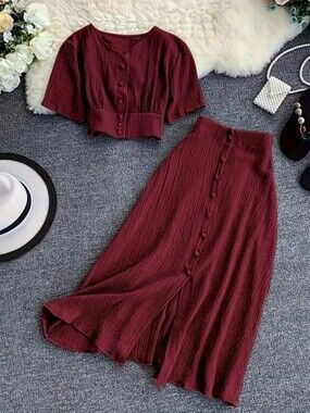 Women's Solid Color V-Neck Crop Top with Midi Slit Skirt, Elegant and Stylish